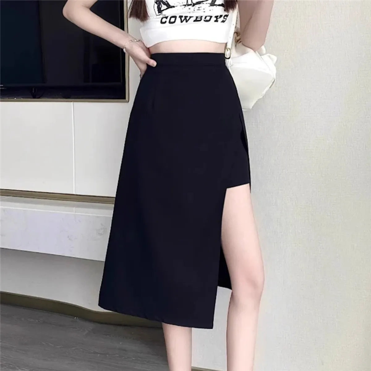 High Waist Harajuku Split Skirt – A-Line Irregular Mid-Length Skirt