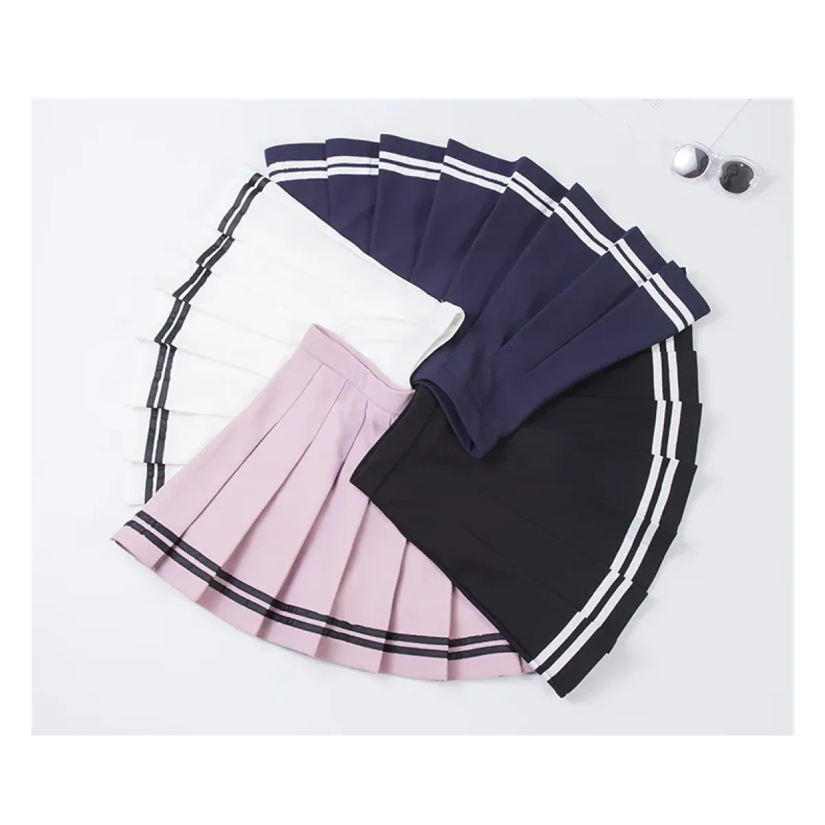 High Waist Korean Pleated Skirt – Patchwork Striped Tennis Skirt for Women