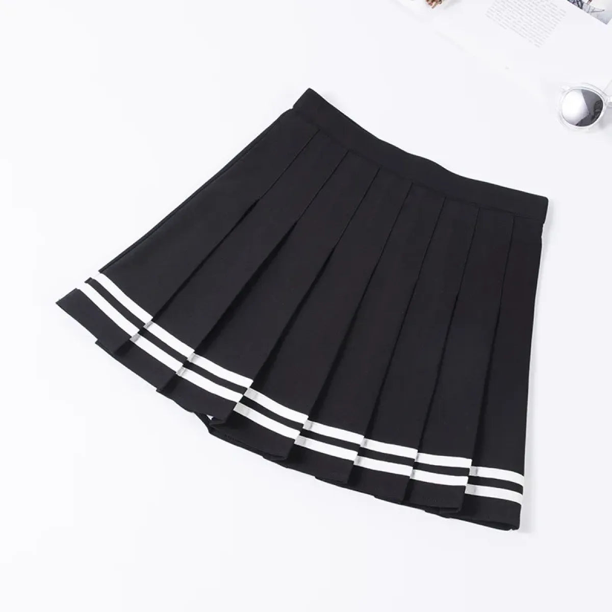 High Waist Korean Pleated Skirt – Patchwork Striped Tennis Skirt for Women