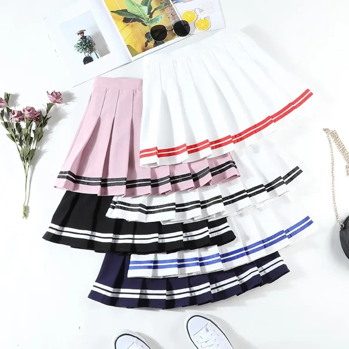 High Waist Korean Pleated Skirt – Patchwork Striped Tennis Skirt for Women