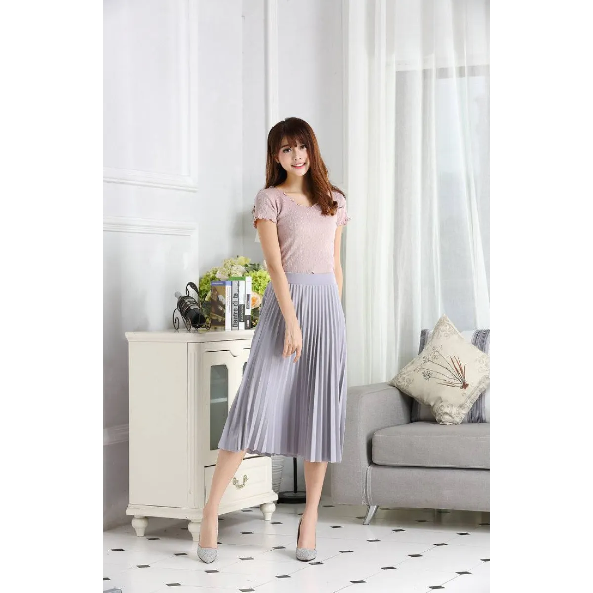 High Waist Pleated Length Elastic Skirt