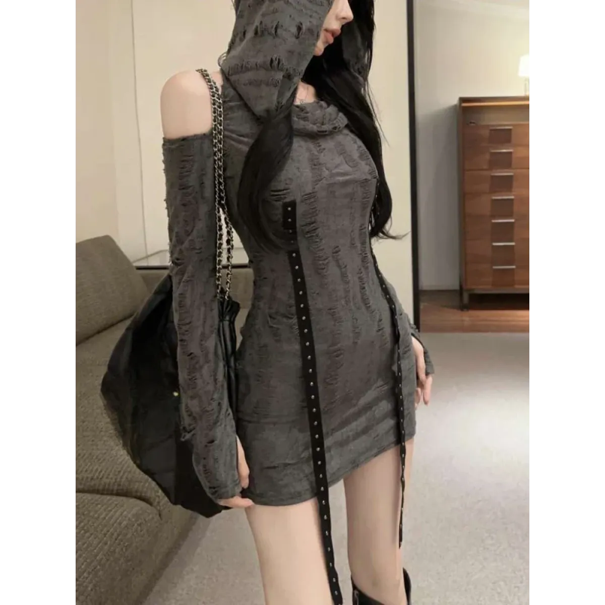 Hooded Gothic Dress – Distressed Slim High Street Style