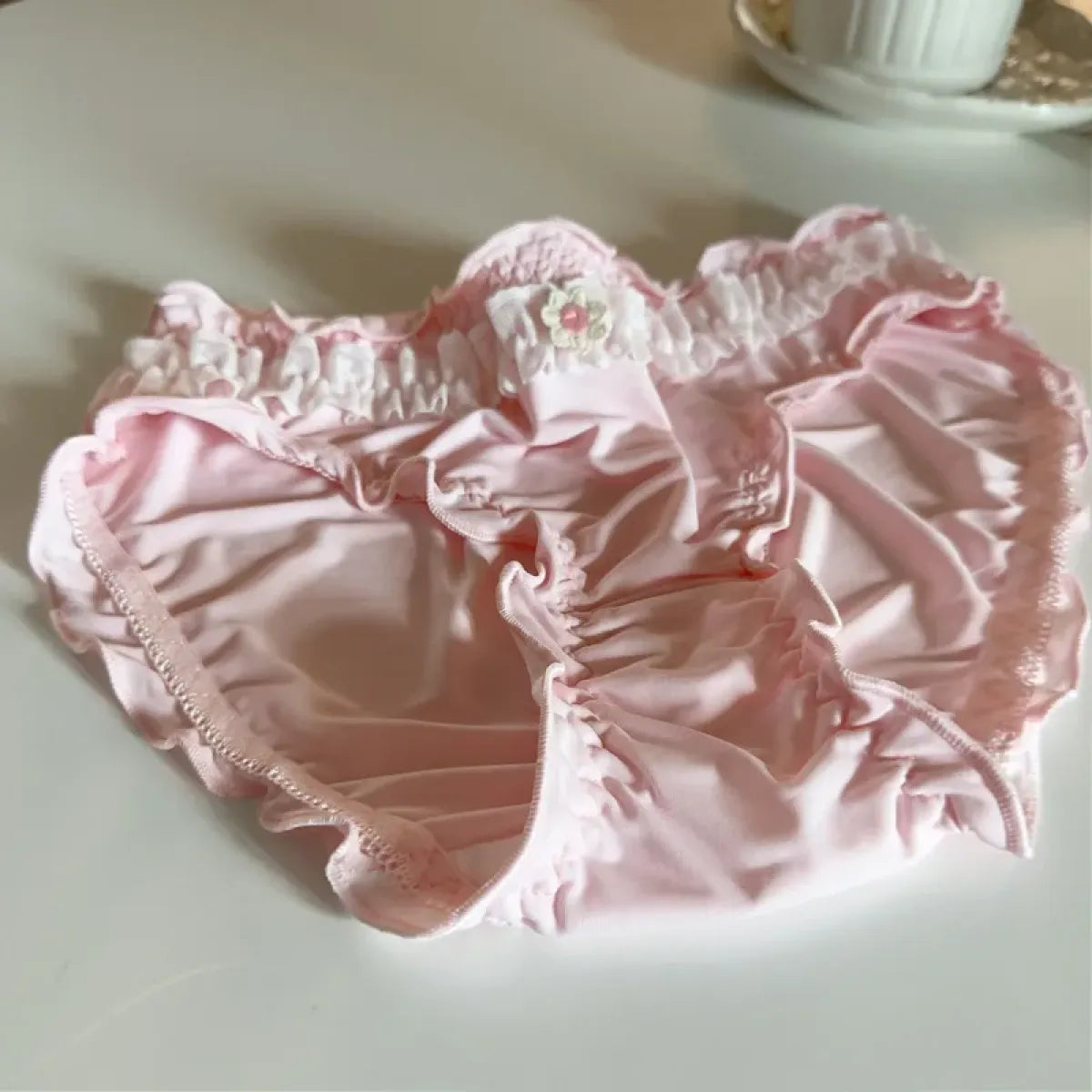 Sweet Girl Ruffle Lace Panties – Ice Silk Mid-Waist Cotton Briefs