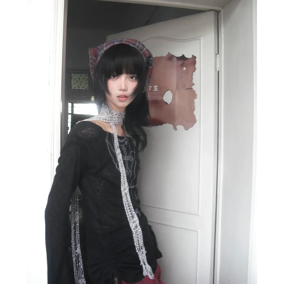 Japanese Knitted Grunge Tattoo Print Long Sleeve T-shirt