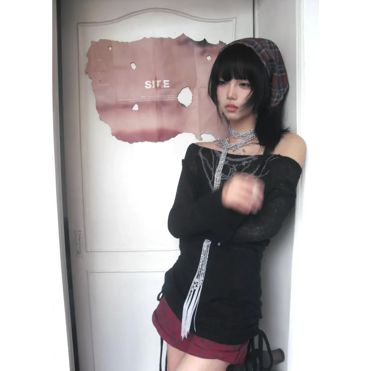 Japanese Knitted Grunge Tattoo Print Long Sleeve T-shirt