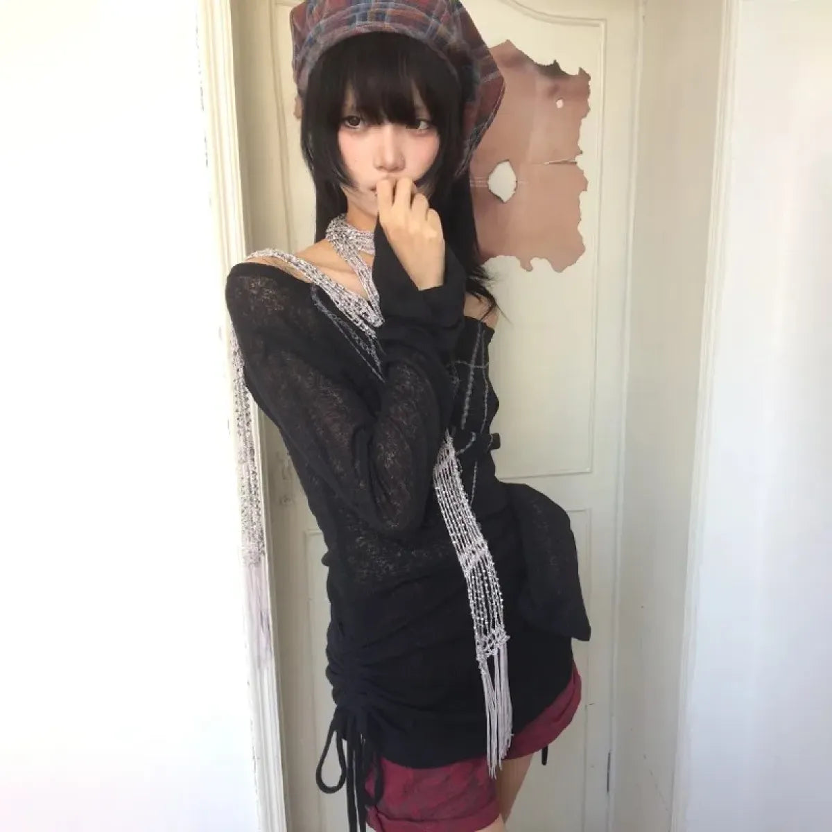 Japanese Knitted Grunge Tattoo Print Long Sleeve T-shirt