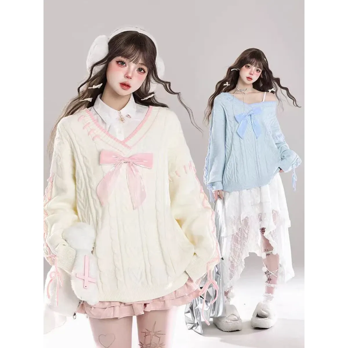 Kawaii Bow Knit Sweater – V-Neck Oversized Winter Jumper