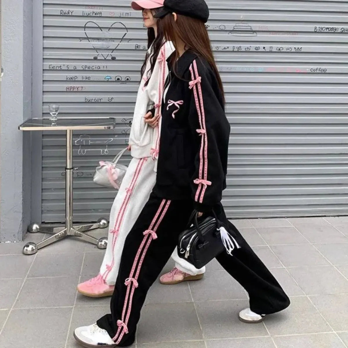 Kawaii Bow Tracksuit – Striped Sweatshirt & Casual Pants