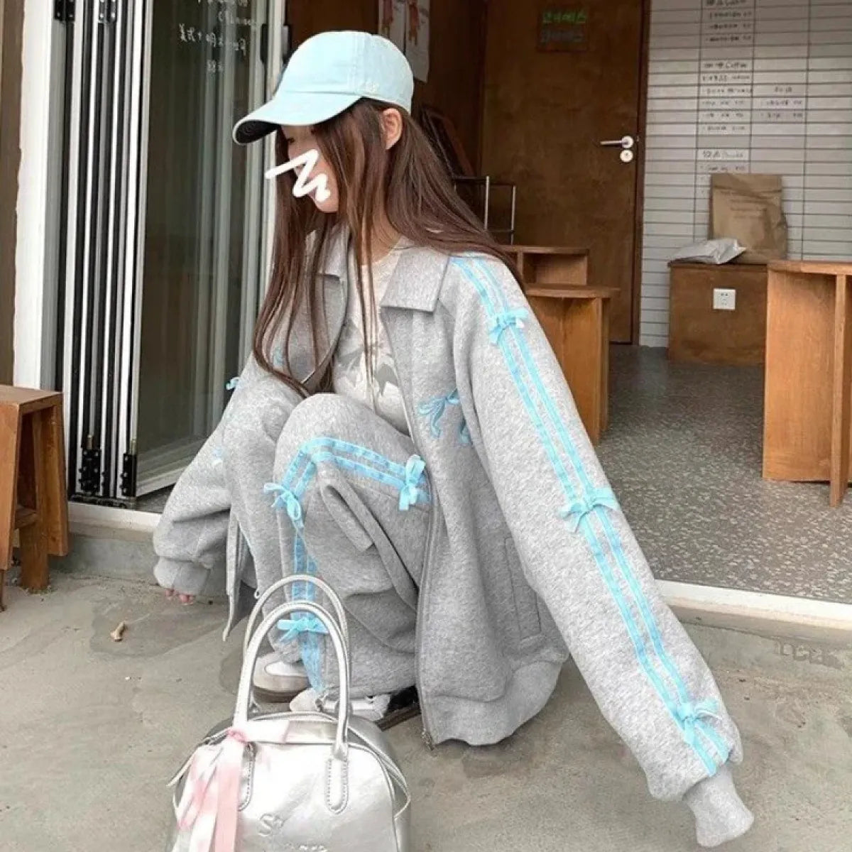 Kawaii Bow Tracksuit – Striped Sweatshirt & Casual Pants