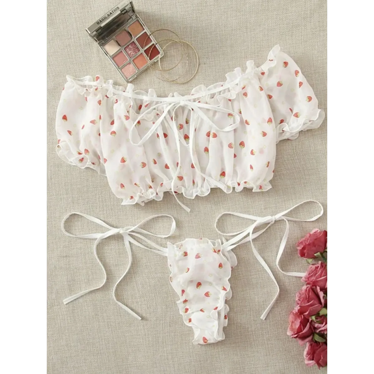 Off Shoulder Kawaii Lingerie Set - Cute Strawberry Print Bra with Ruffles