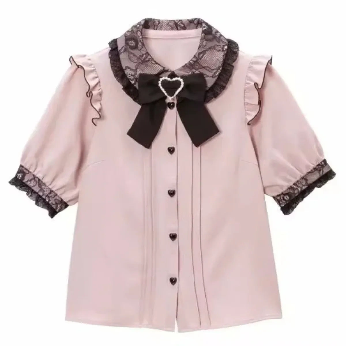 Kawaii Lolita Lace Blouse – Y2K Grunge Bow Shirt with Heart Buttons