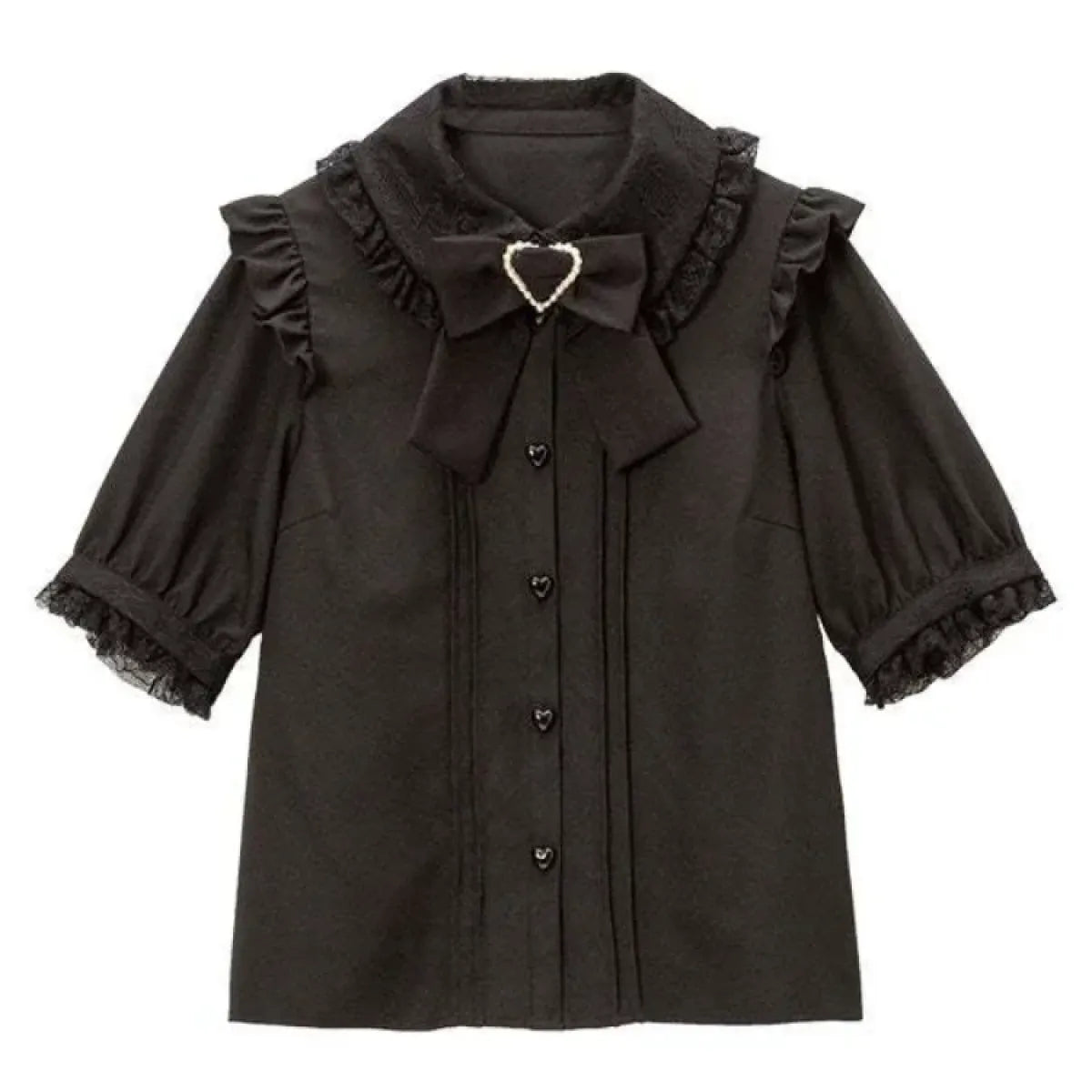 Kawaii Lolita Lace Blouse – Y2K Grunge Bow Shirt with Heart Buttons