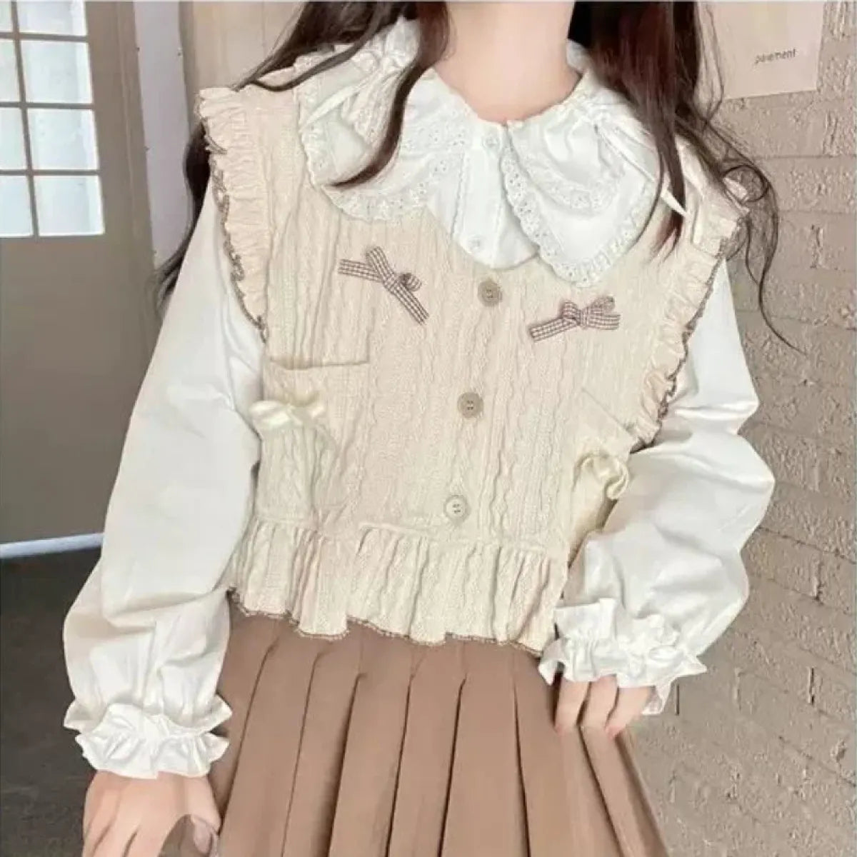 Kawaii Lolita Ruffle Knit Sweater Vest - Japanese Bow Cardigan