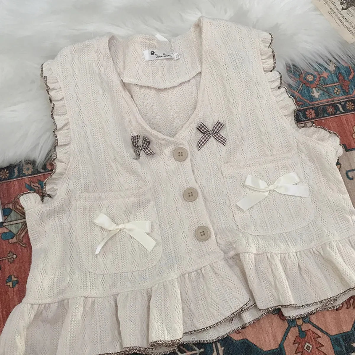Kawaii Lolita Ruffle Knit Sweater Vest - Japanese Bow Cardigan