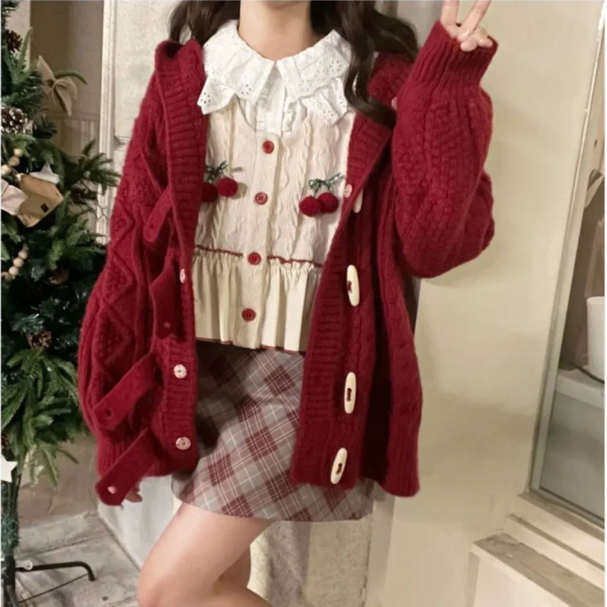 Kawaii Patchwork Cherry Bow Knit Sweater Vest