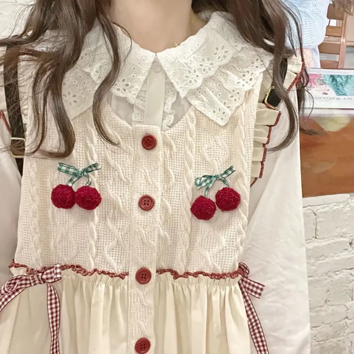 Kawaii Patchwork Cherry Bow Knit Sweater Vest