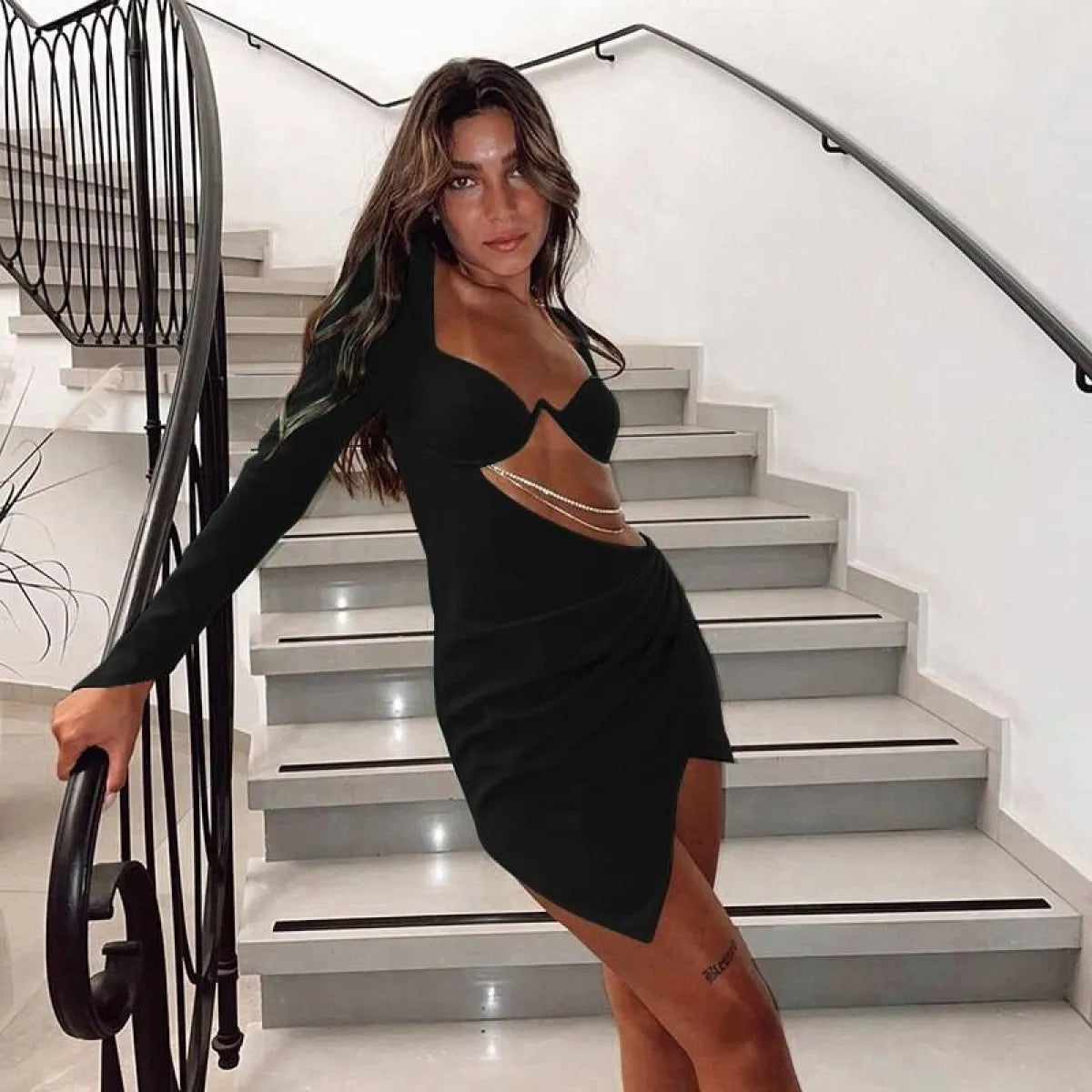 Hollow Out Full Sleeve Mini Dress