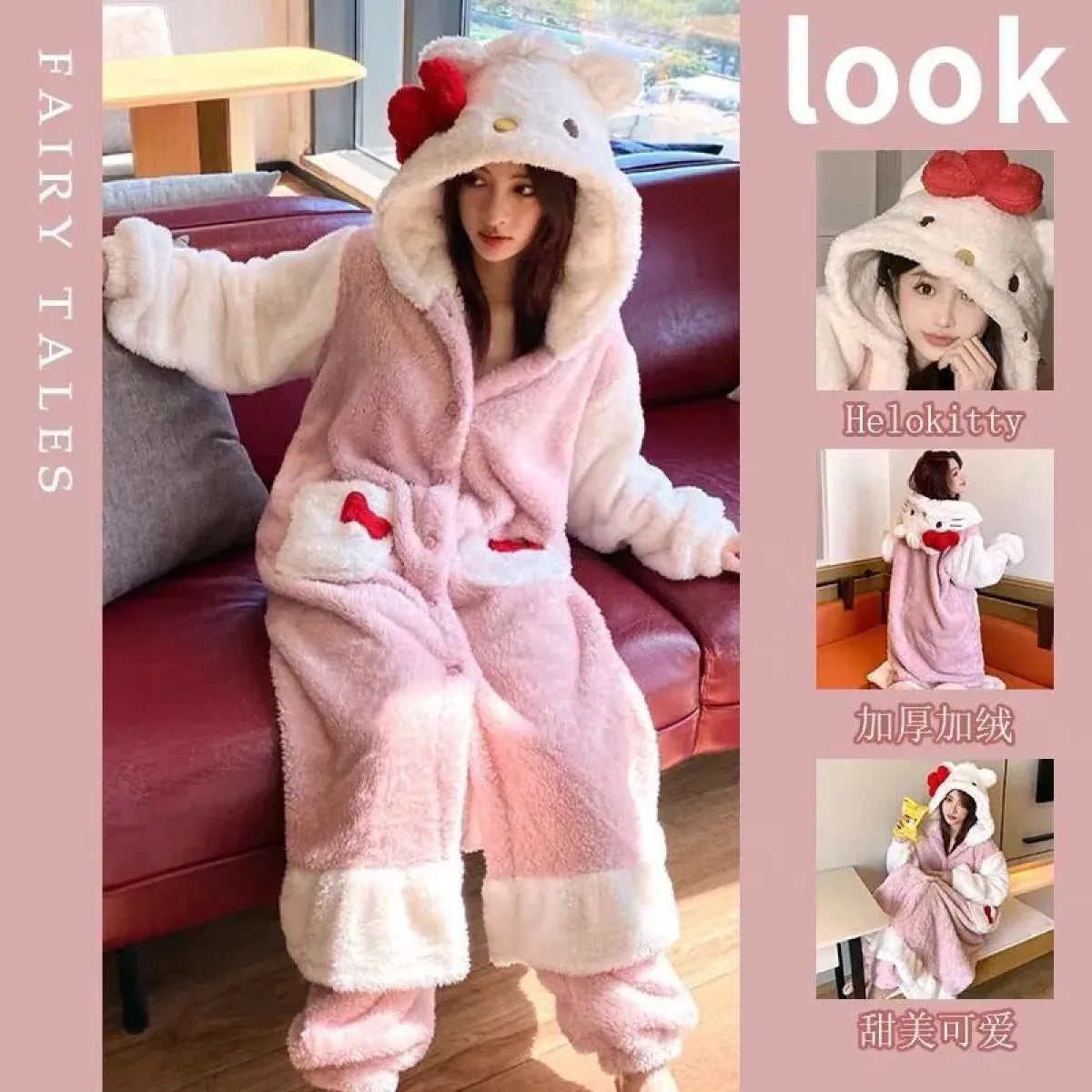 Hello Kitty Kawaii Bow Furry Pajamas - Sweet Long Anime Plush Loungewear