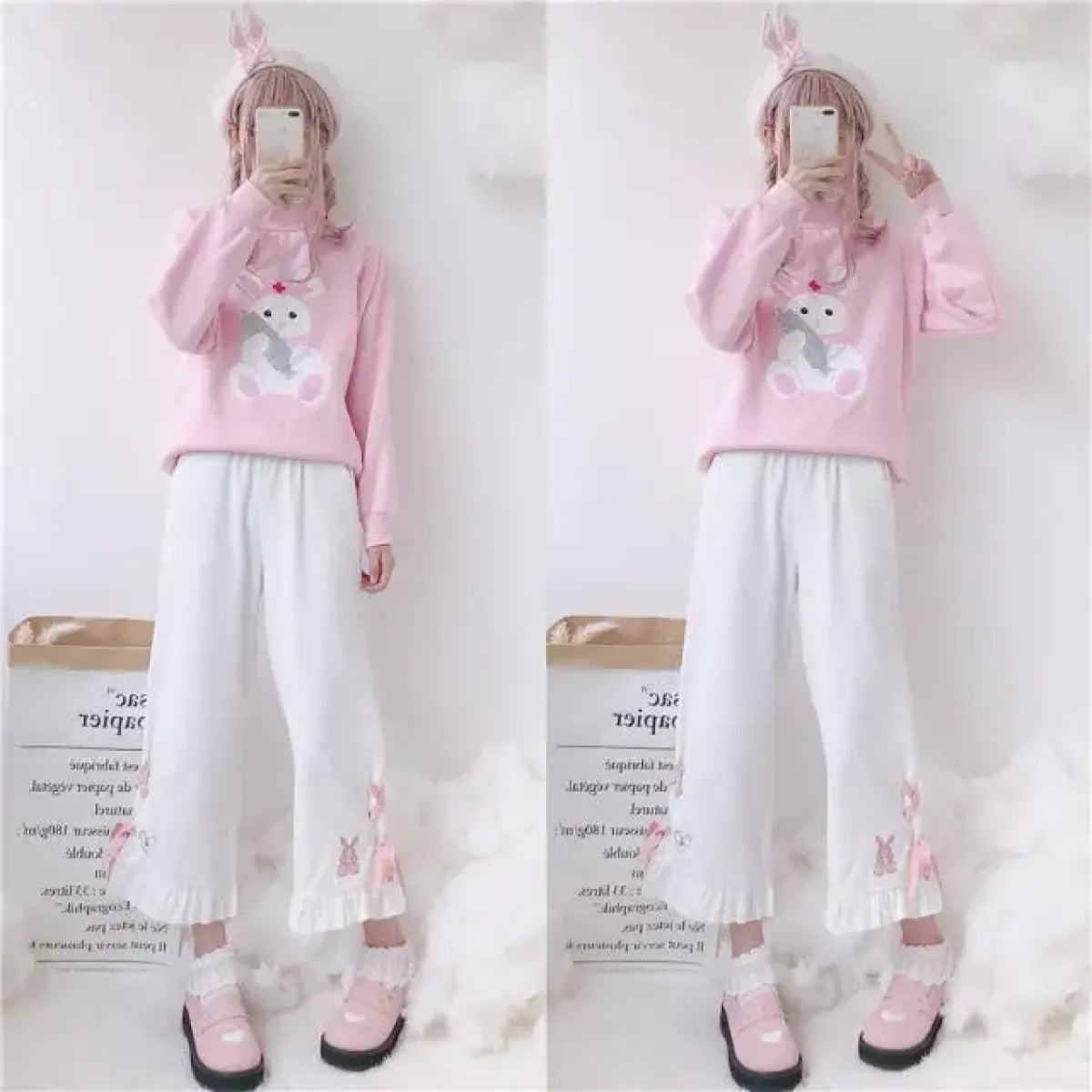 Korean Black Bunny Print Wide Leg Pants