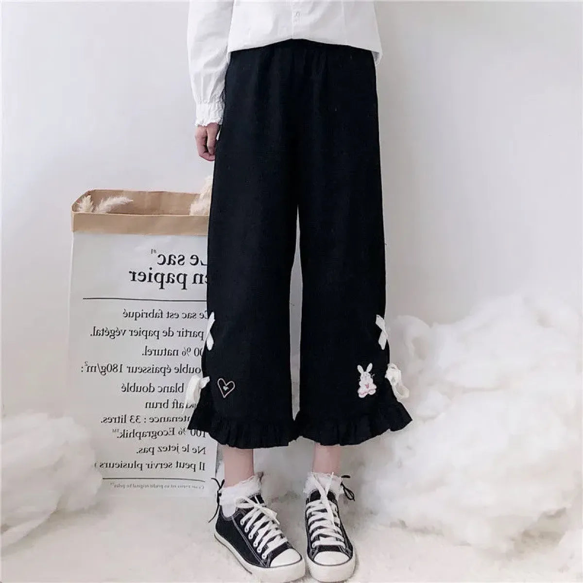 Korean Black Bunny Print Wide Leg Pants