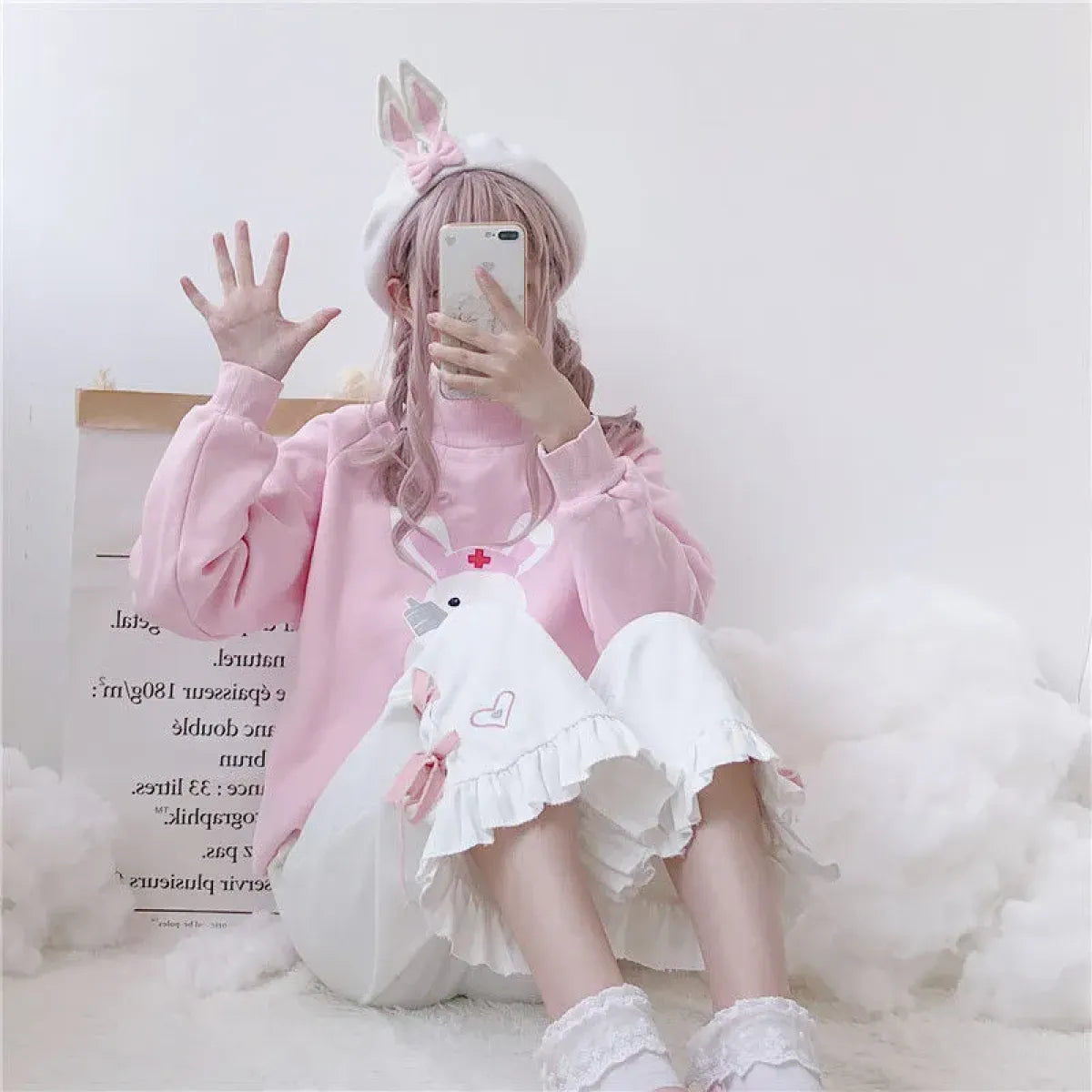 Korean Black Bunny Print Wide Leg Pants