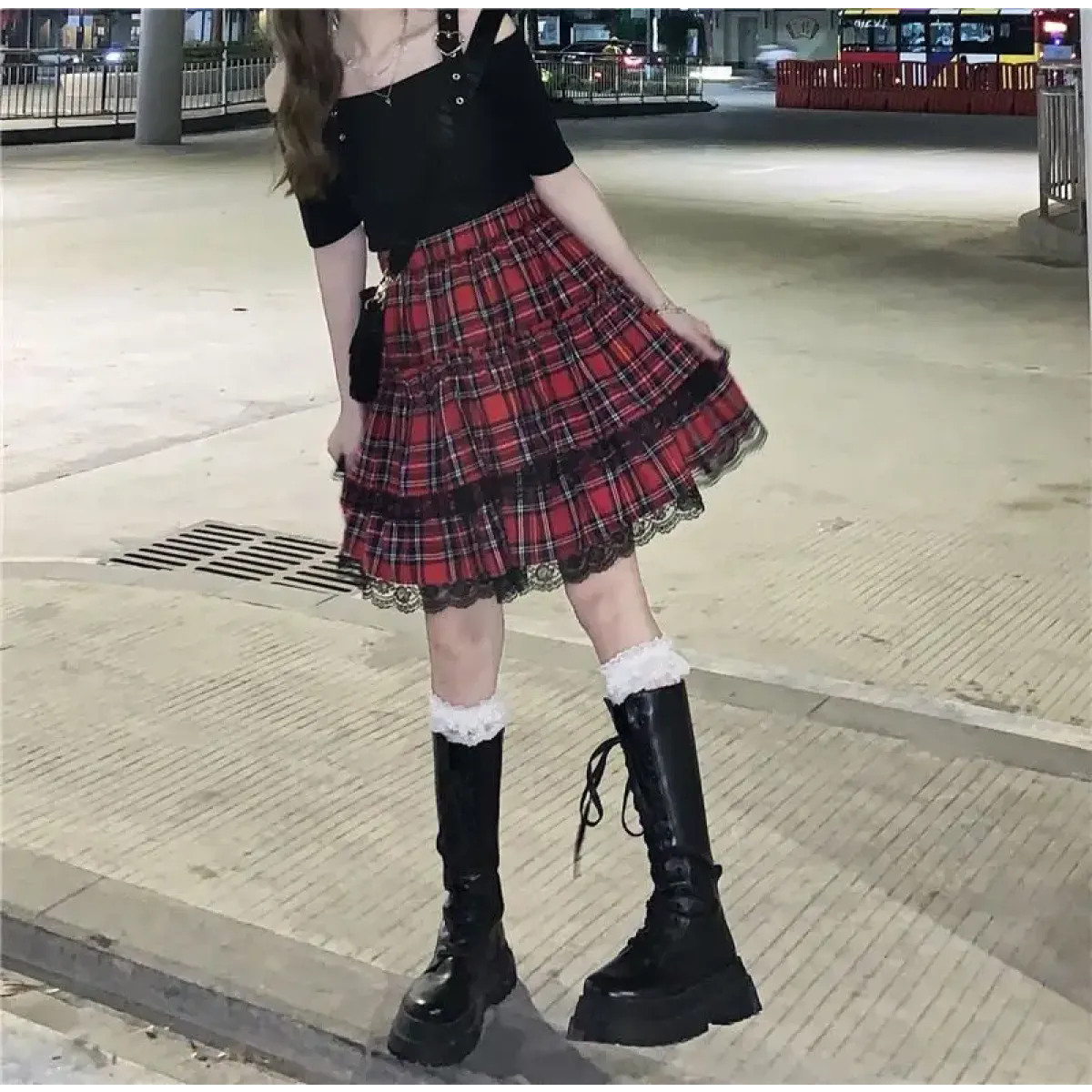 Lace Gothic Y2K Mini Skirt - High Waist Plaid A-line Red Skirt