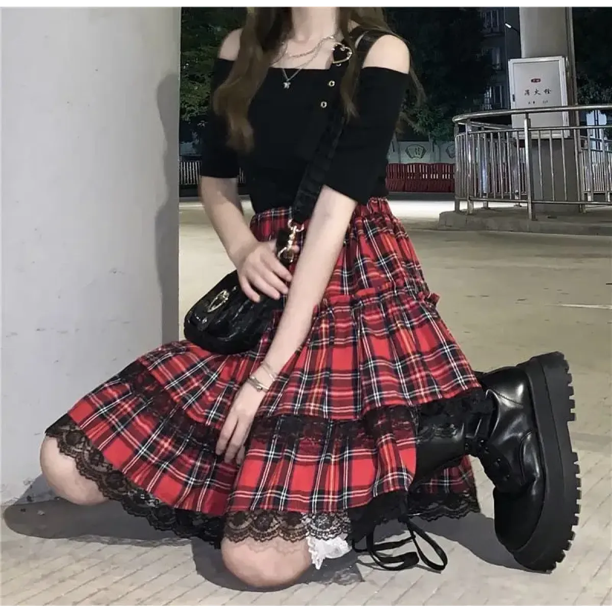 Lace Gothic Y2K Mini Skirt - High Waist Plaid A-line Red Skirt