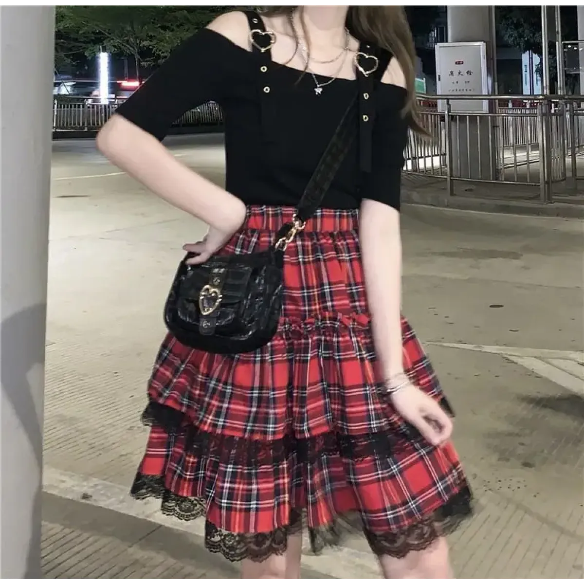 Lace Gothic Y2K Mini Skirt - High Waist Plaid A-line Red Skirt