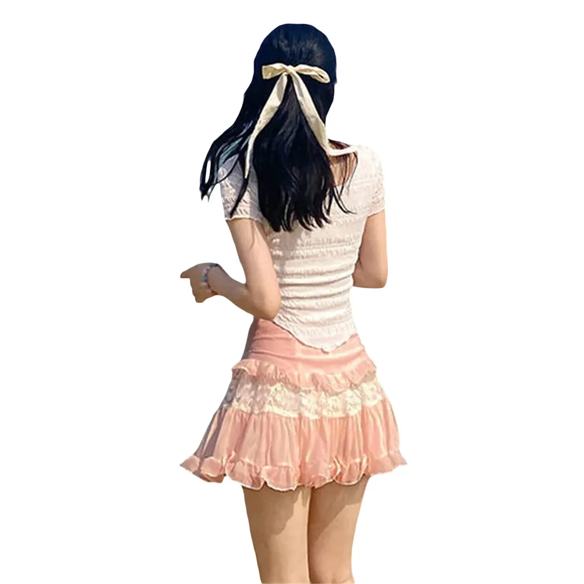 High-Waist Lace Ruffle Mini Skirt - Summer A-Line Patchwork