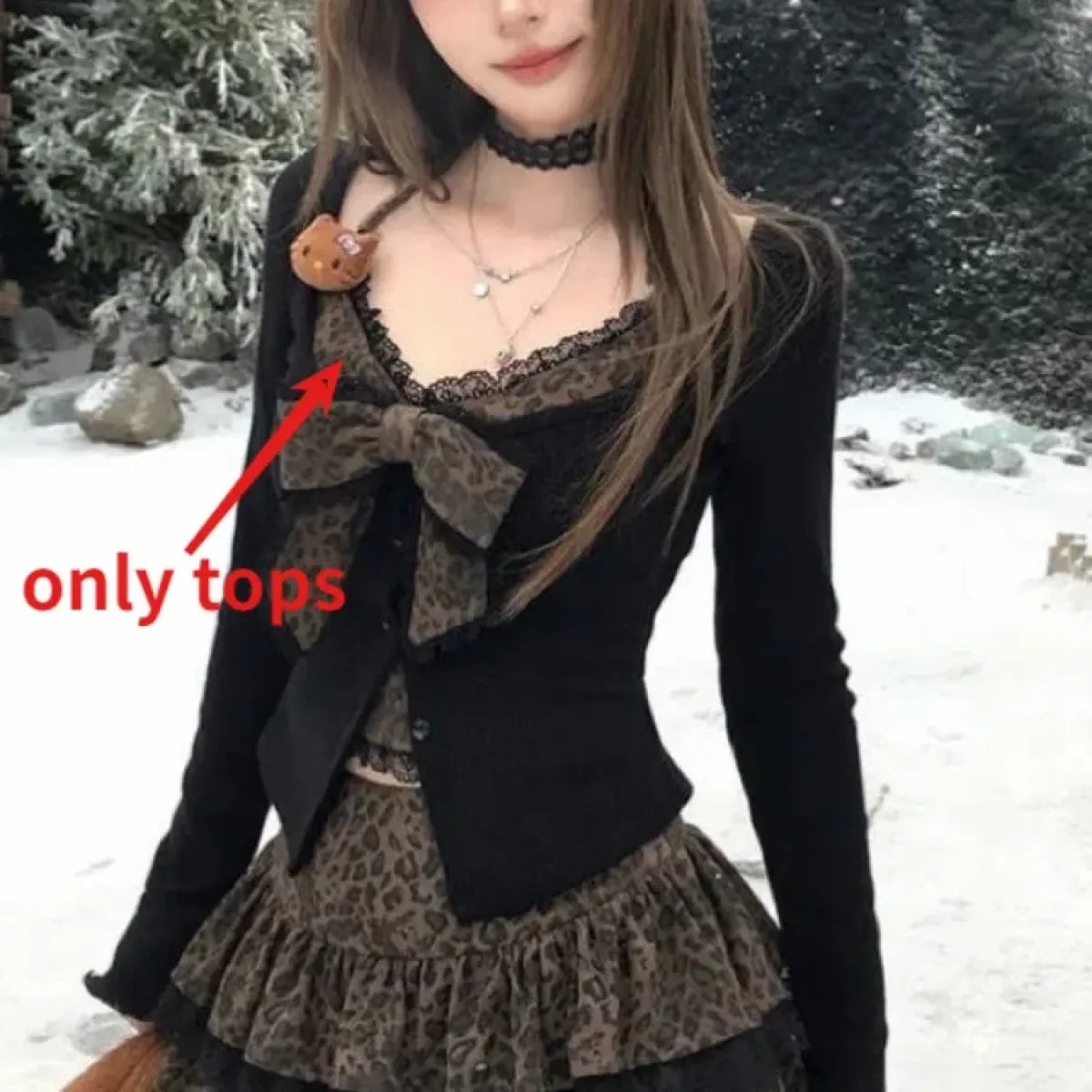 Leopard Print Bow Slim Fit Long Sleeve Lace Coat Women + Y2k High Waist Cake Skirts 2025 Autumn Winter New Two Piece Sets