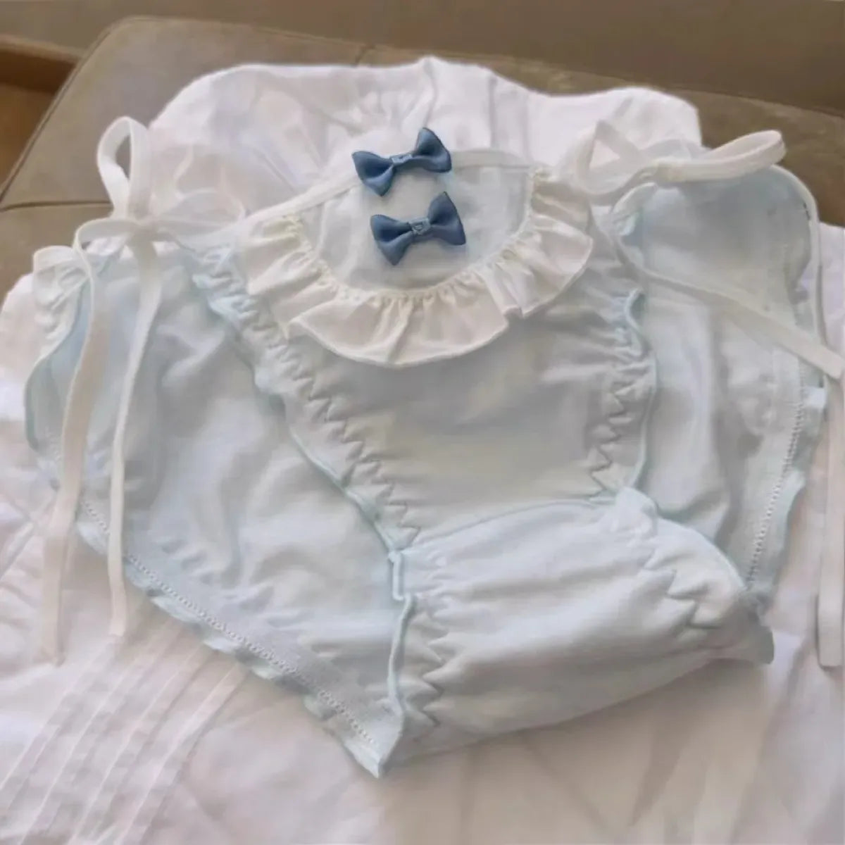 Lolita Blue Bow Ruffle Panties – Kawaii Soft Cotton Lingerie