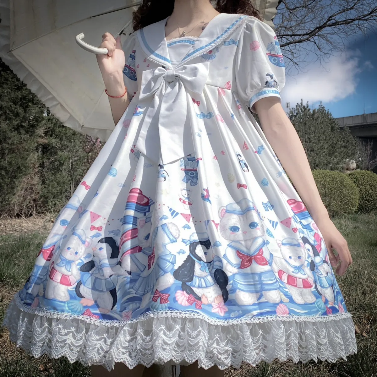 Lolita Dress With Cute Cat and Penguin Print
