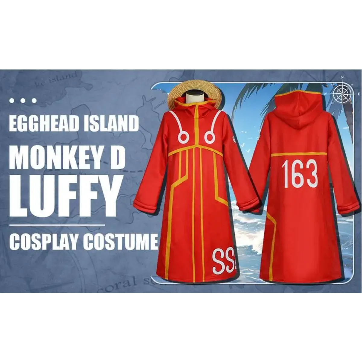 Luffy Egghead Island Cosplay – One Piece 163 Red Robe & Straw Hat Set