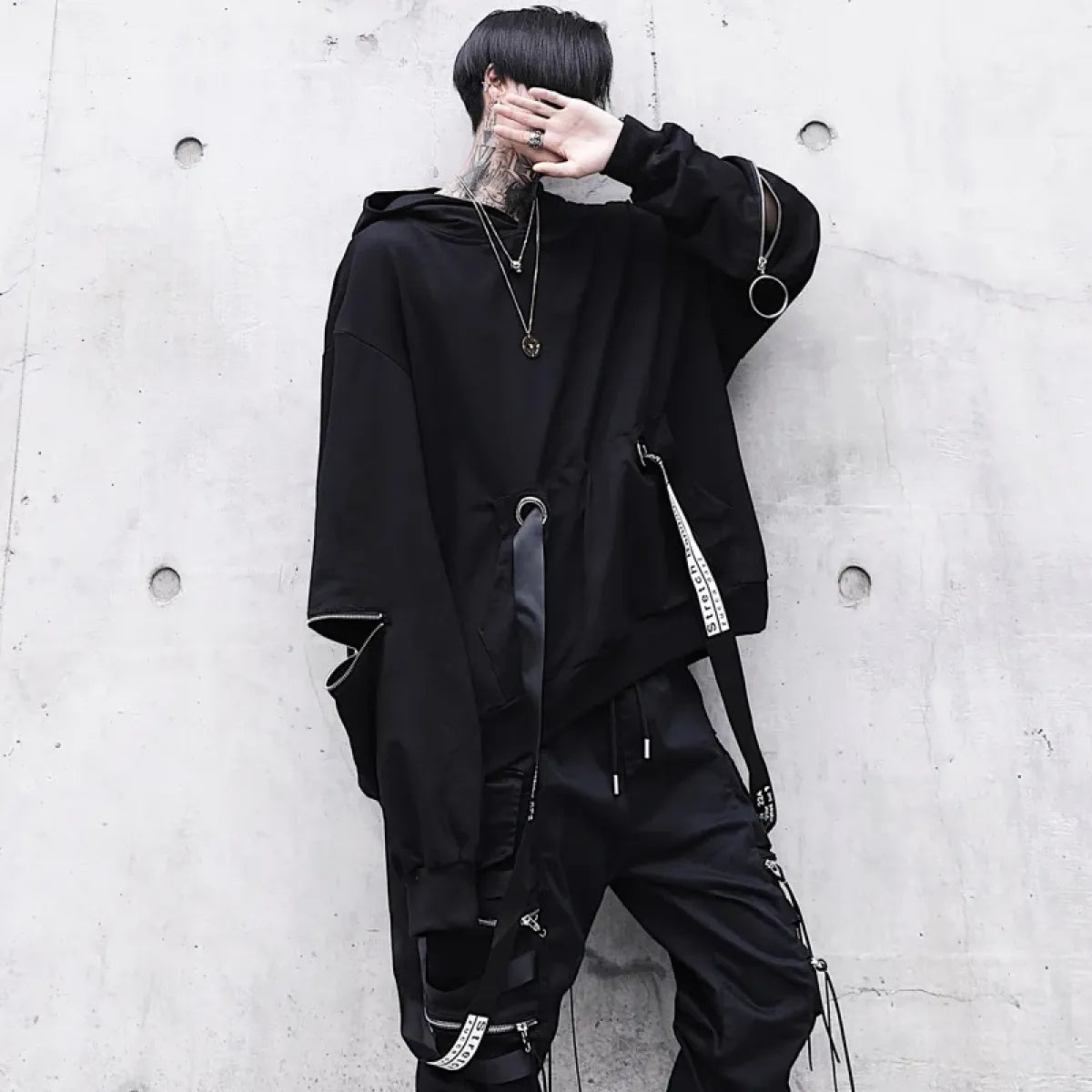 Oversized Ribbon Techwear Black Hoodie