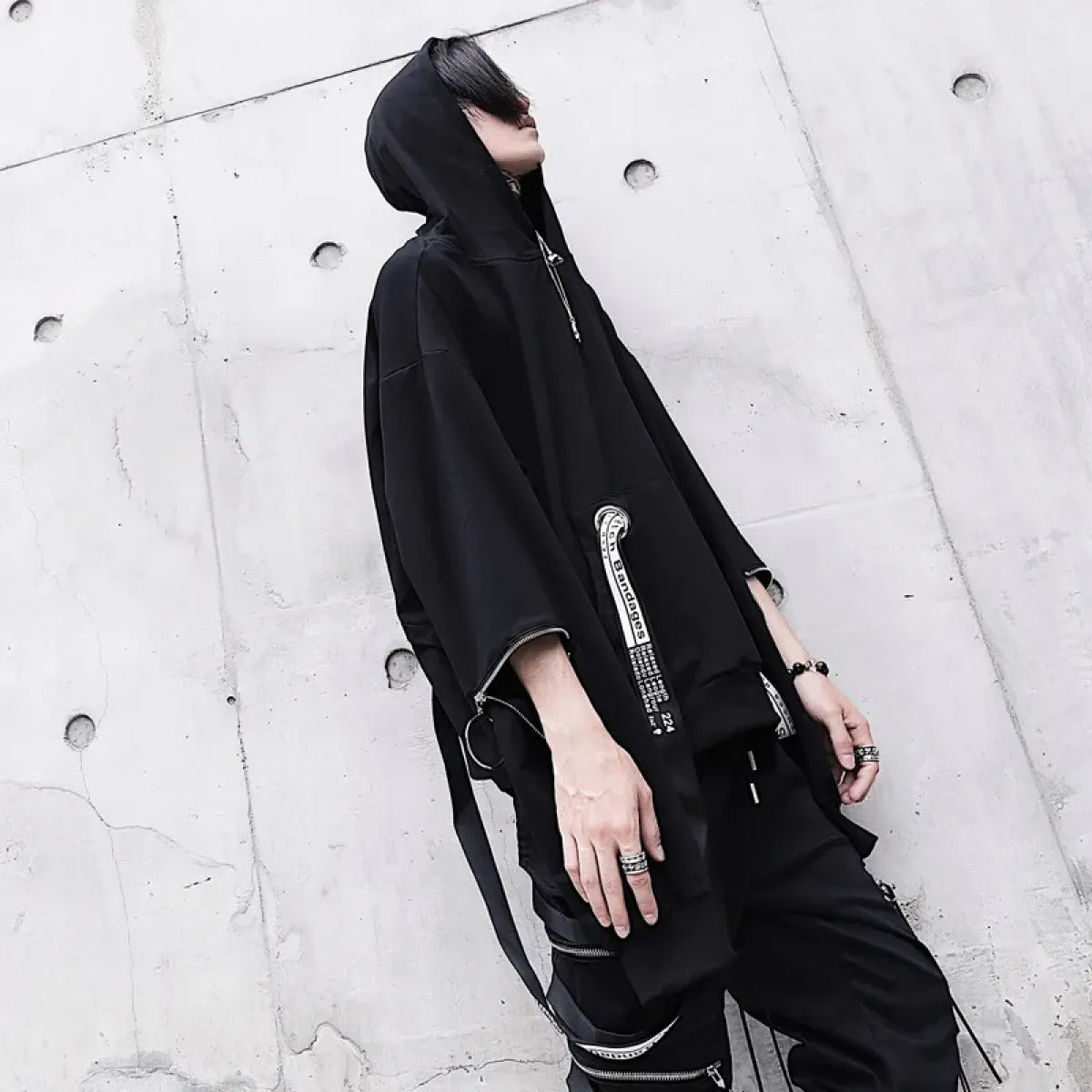 Oversized Ribbon Techwear Black Hoodie