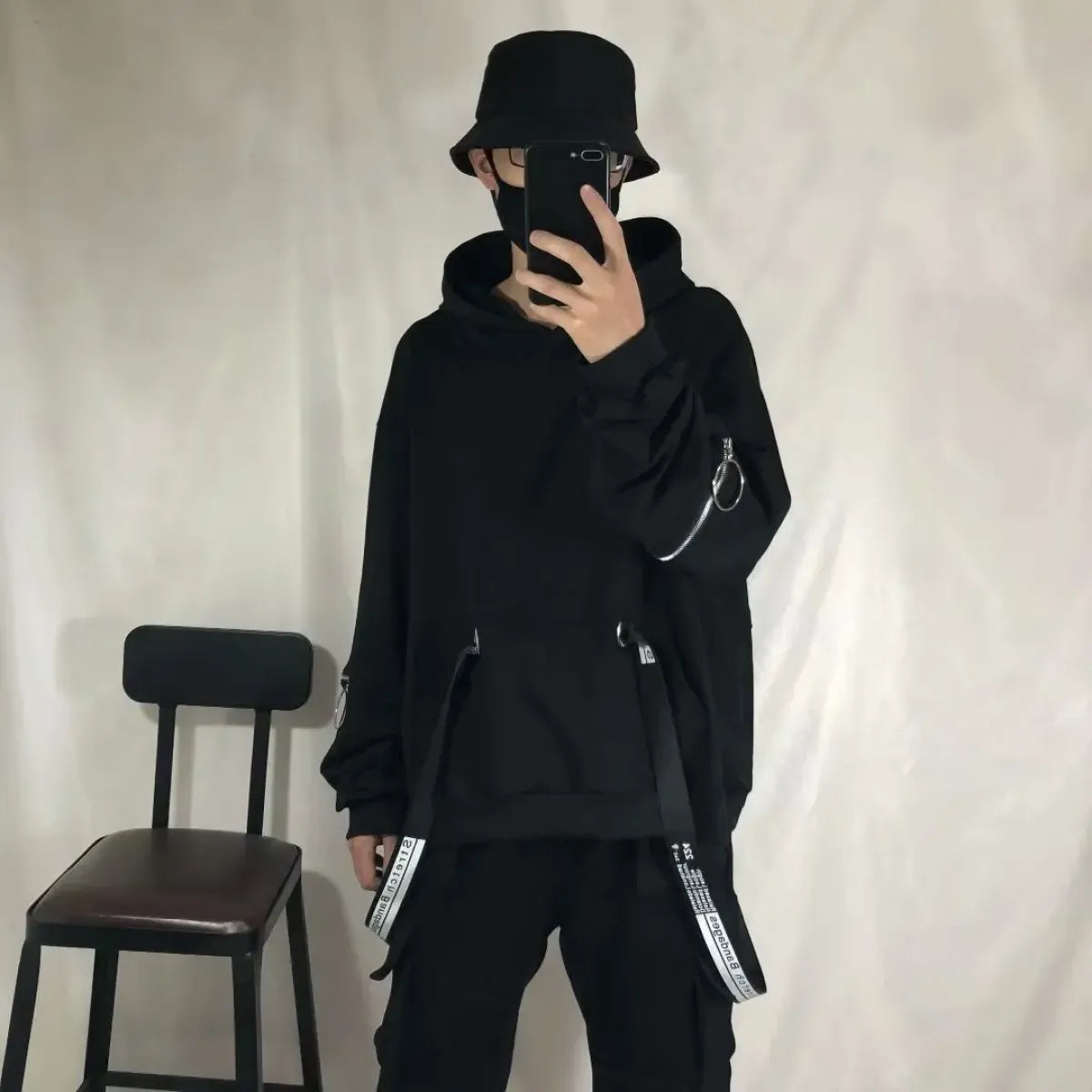 Oversized Ribbon Techwear Black Hoodie