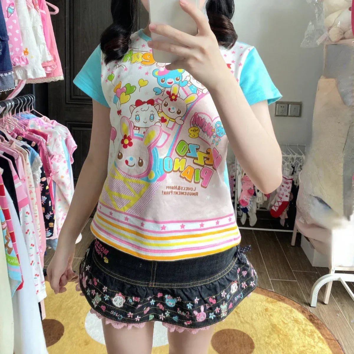 Pastel Kawaii Harajuku Crop Top – Cartoon Print Y2K Aesthetic Tee
