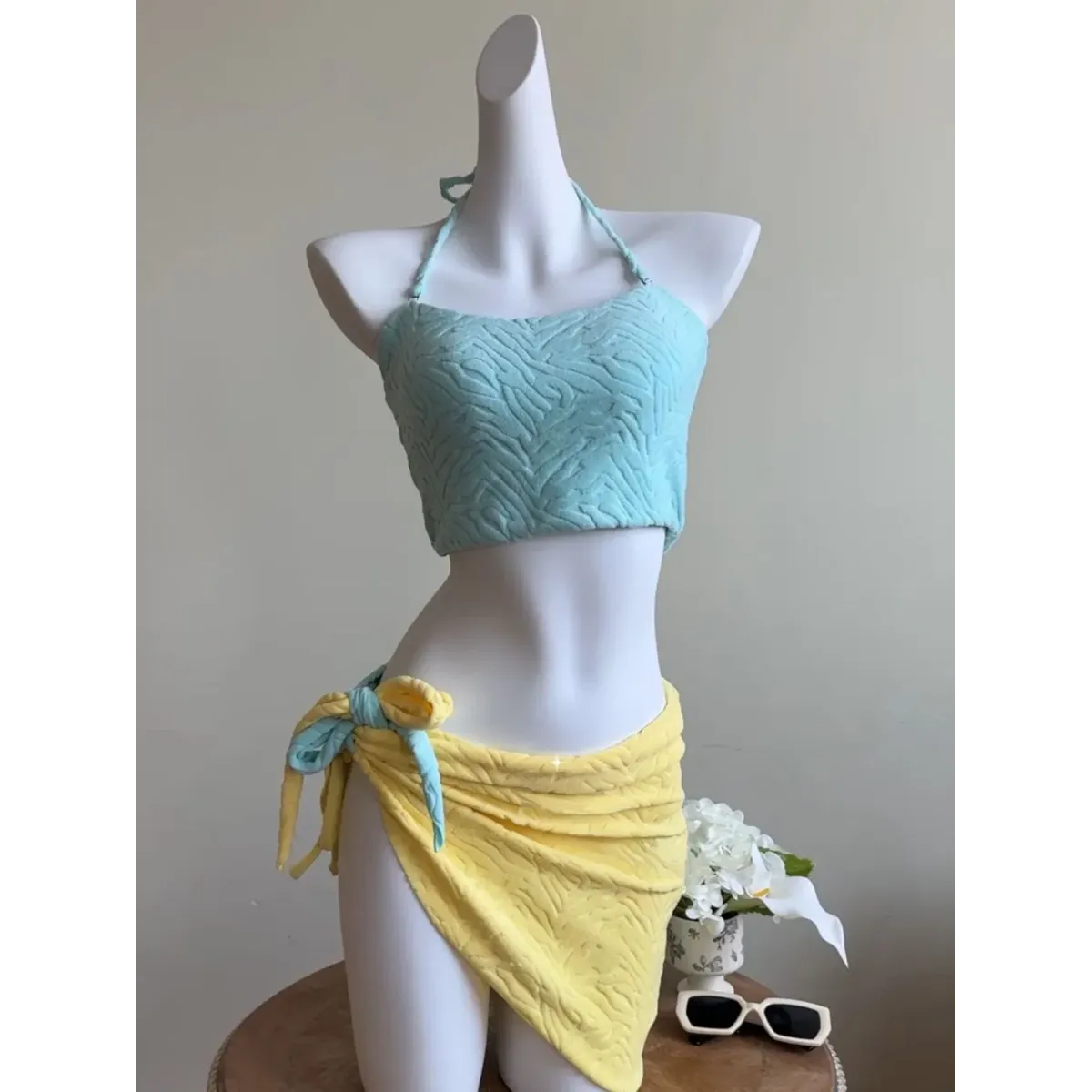 Patchwork Halter Bikini – Korean 3PCS Swimsuit with Skirt
