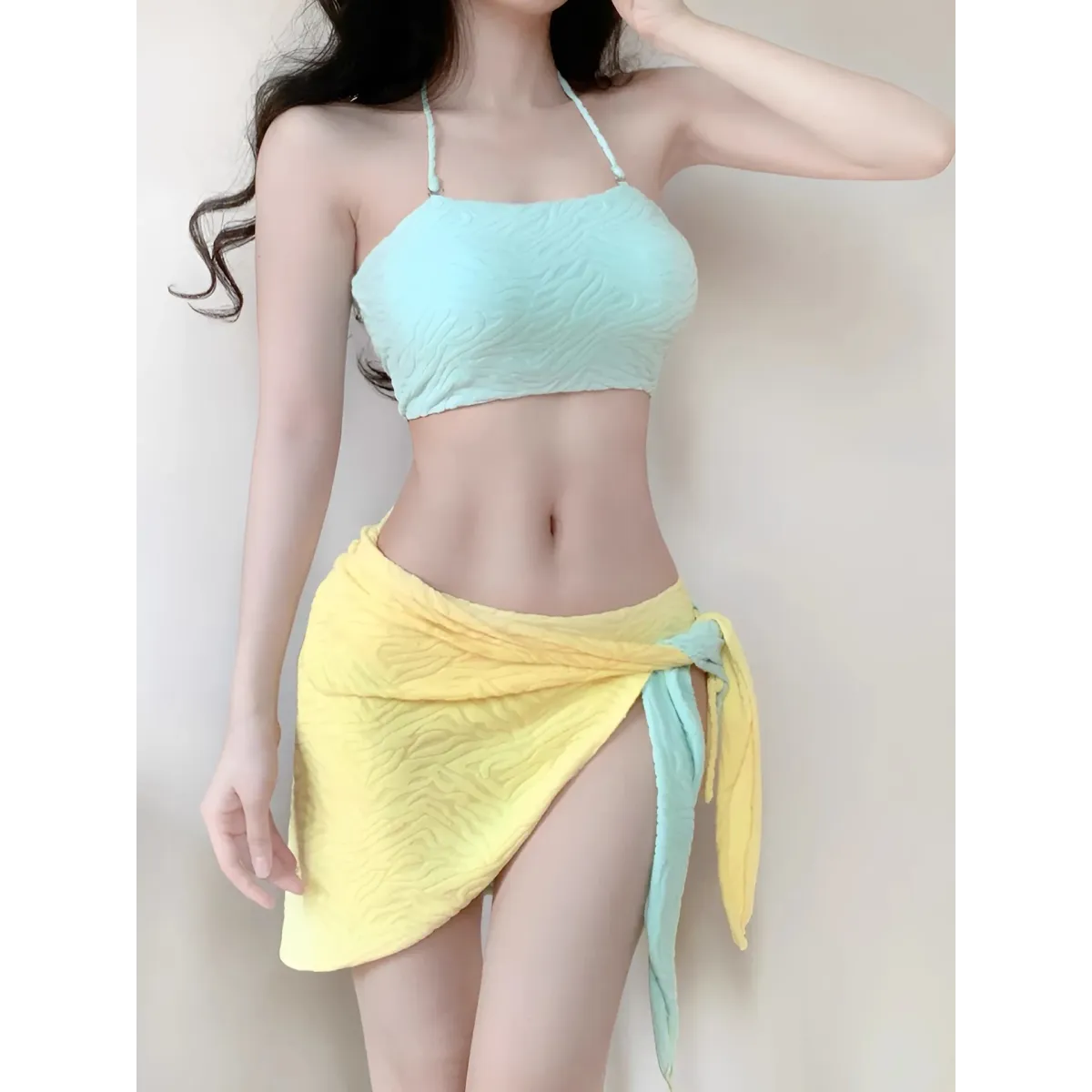 Patchwork Halter Bikini – Korean 3PCS Swimsuit with Skirt