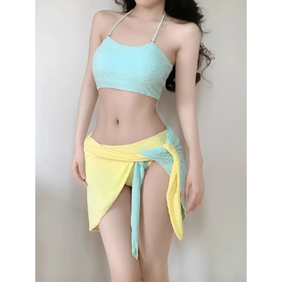 Patchwork Halter Bikini – Korean 3PCS Swimsuit with Skirt