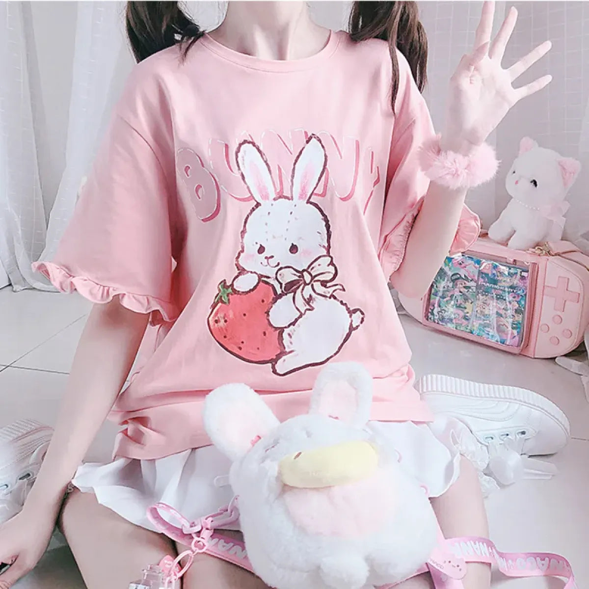 Pink Lolita T-Shirt - Rabbit Print, Ruffled Sleeve Top