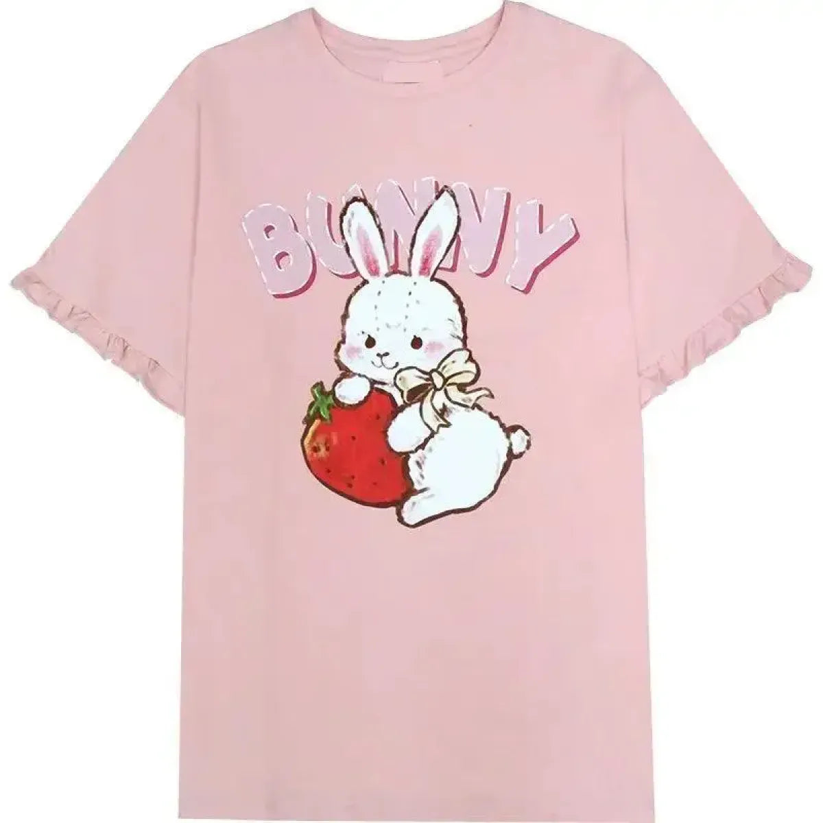 Pink Lolita T-Shirt - Rabbit Print, Ruffled Sleeve Top