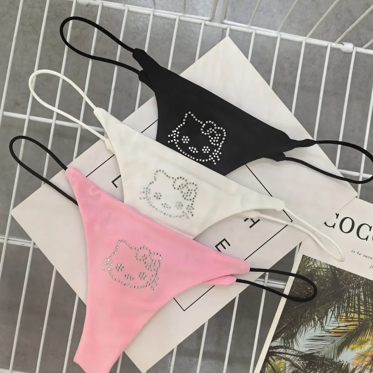 Pink Rhinestone Cat G-String – Kawaii Low Waist Thong Lingerie