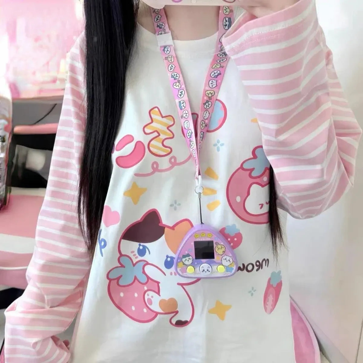 Pink Stripe Cartoon Print T-Shirt – Kawaii Harajuku Top
