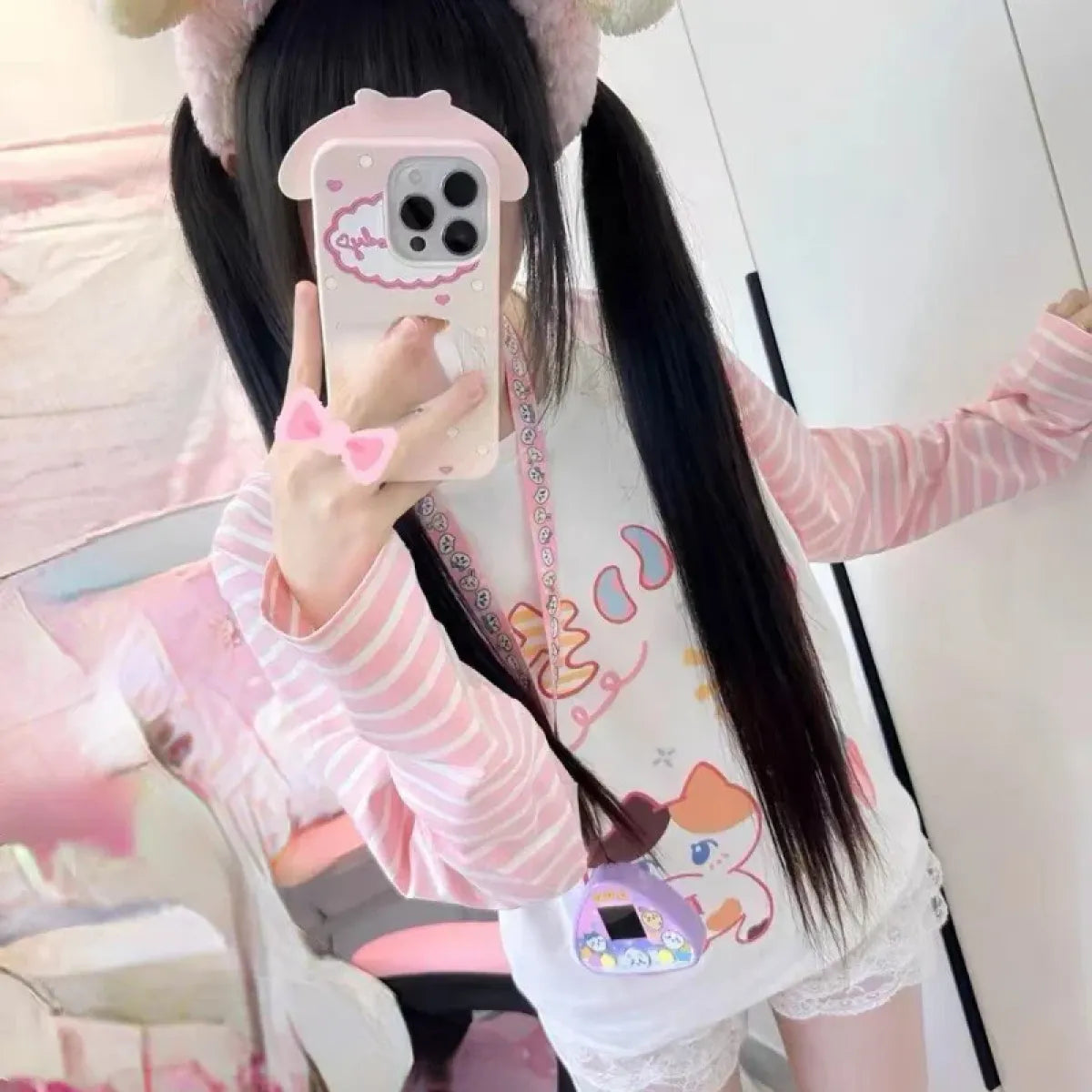 Pink Stripe Cartoon Print T-Shirt – Kawaii Harajuku Top