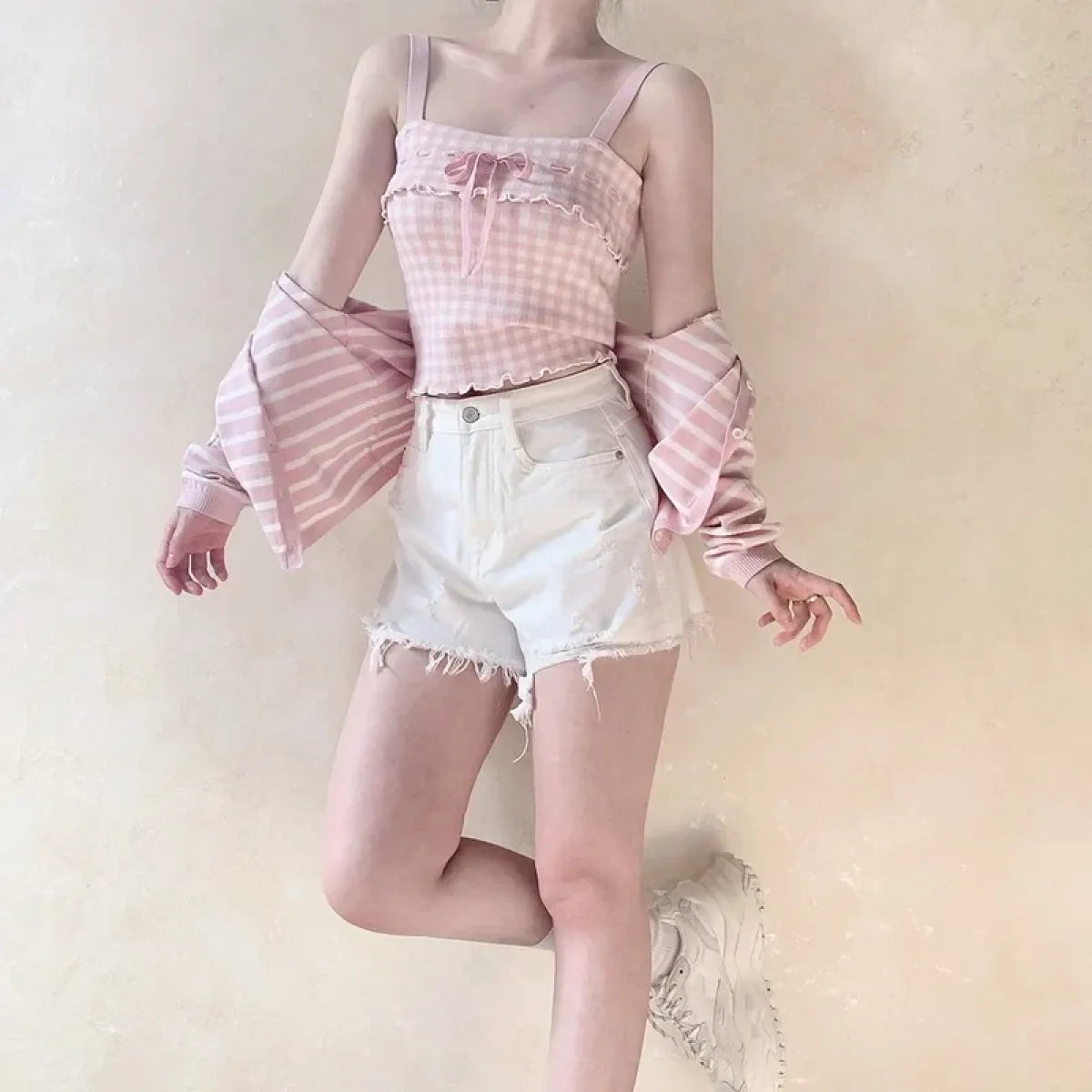 Pink Sweet Plaid Ribbon Crop Top