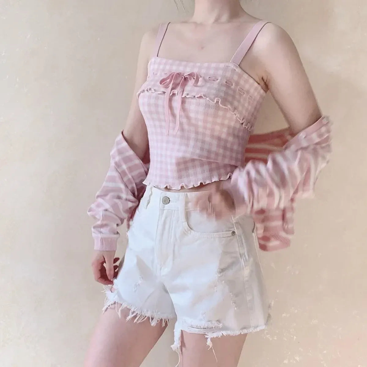 Pink Sweet Plaid Ribbon Crop Top