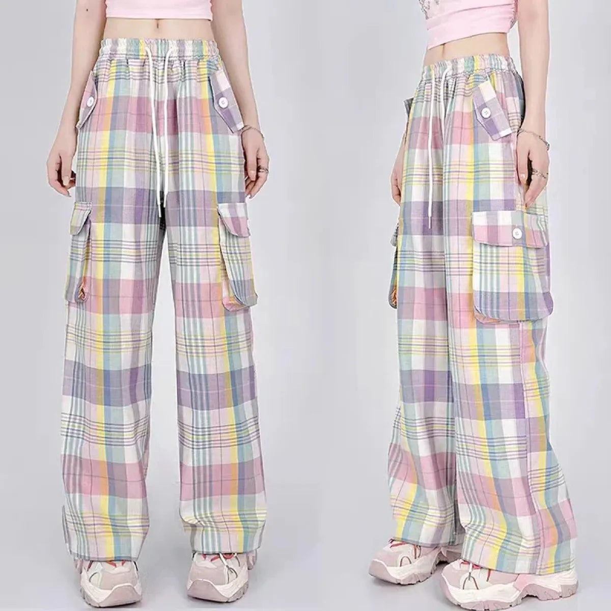 Pastel Plaid Cargo Pants – Y2K Harajuku Streetwear Aesthetic