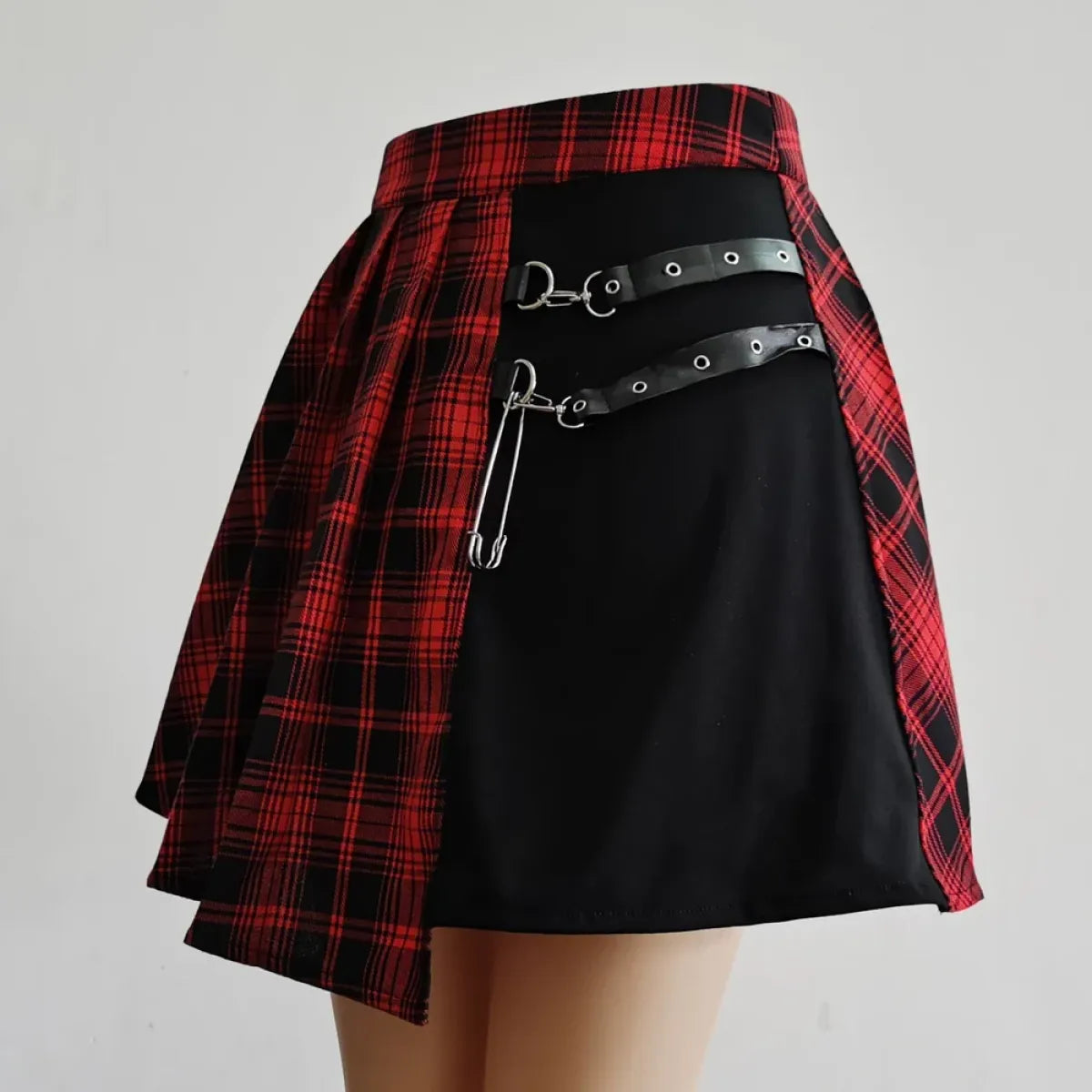 Plaid Gothic Pleated Mini Skirt – Punk Chains & Buckle Accent