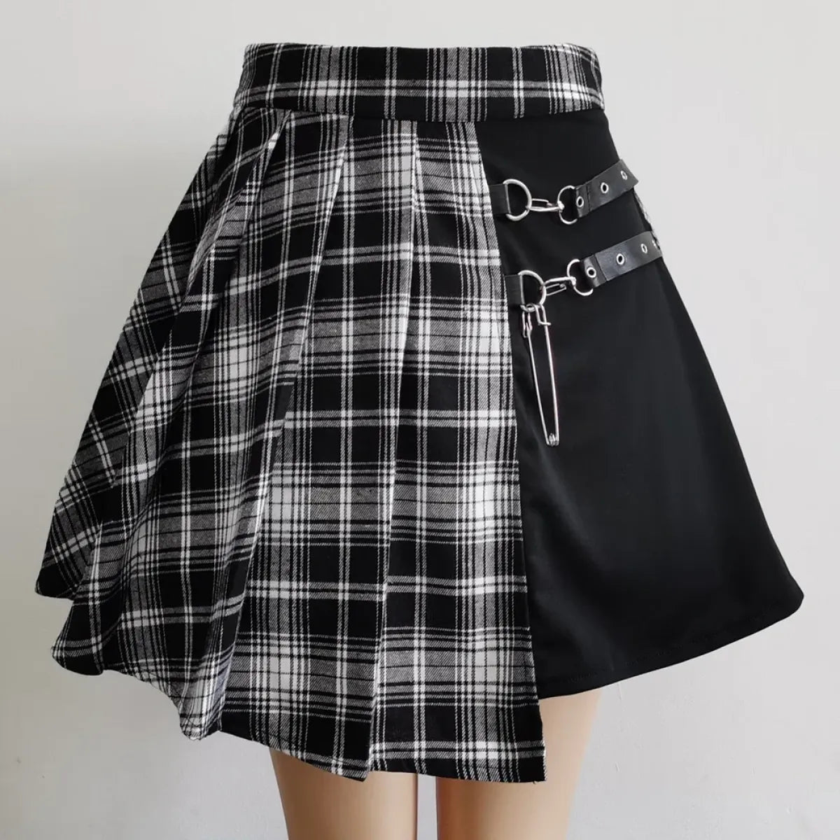 Plaid Gothic Pleated Mini Skirt – Punk Chains & Buckle Accent